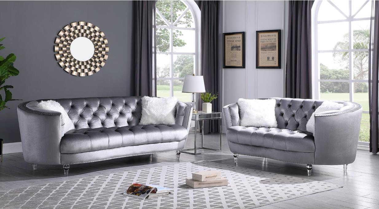 Amora 2PC Grey Velvet Sofa & Loveseat