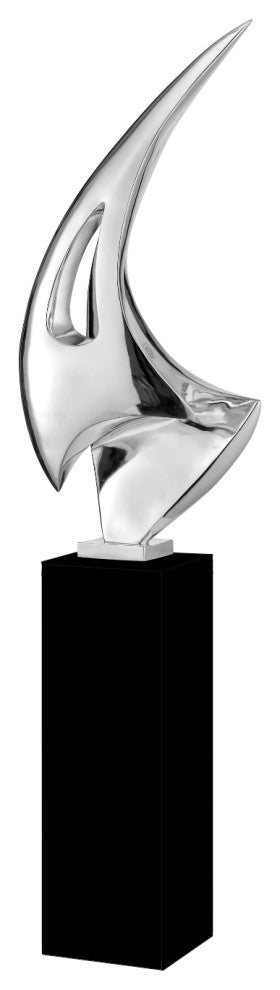 Chrome Sail Floor Sculpture With White Stand, 70" Tall, Chrome Black