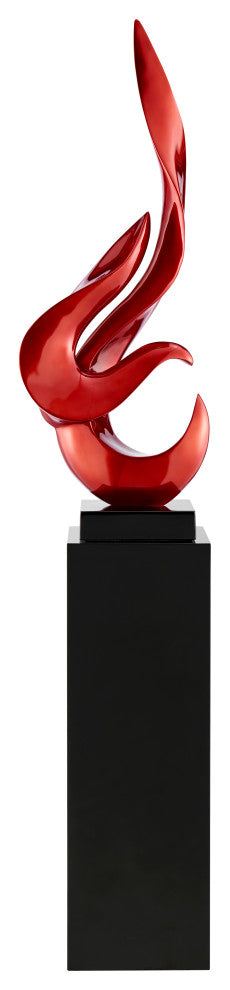 Flame Floor Sculpture With White Stand, 44" Tall, Metalic Red/Black