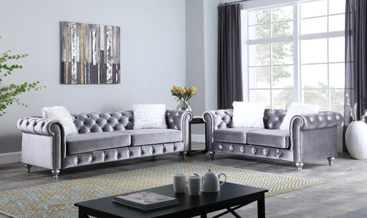 Aya 2PC Grey Velvet Sofa & Loveseat