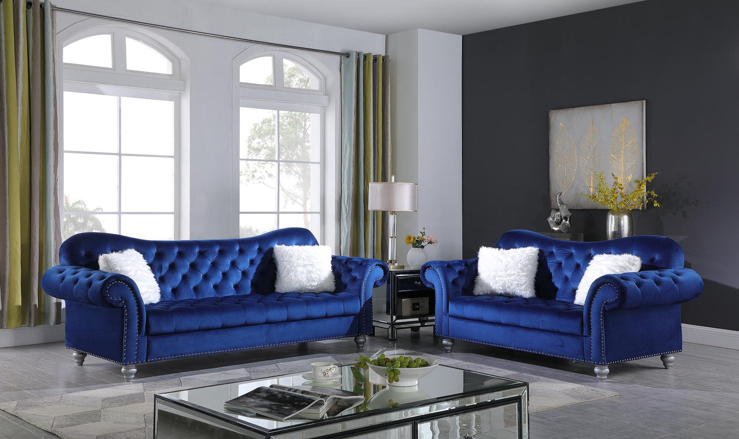 Amora 2PC Blue Velvet Sofa & Loveseat