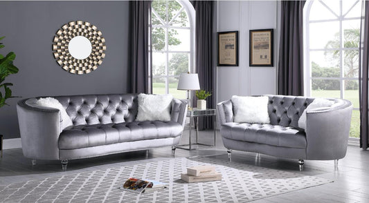 Amora 2PC Grey Velvet Sofa & Loveseat