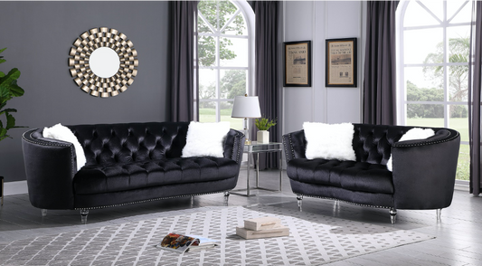 Amora 2PC Black Velvet Sofa & Loveseat