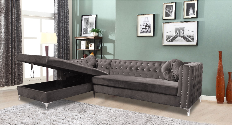 Sophie 2PC Grey Velvet Sectional W/Storage