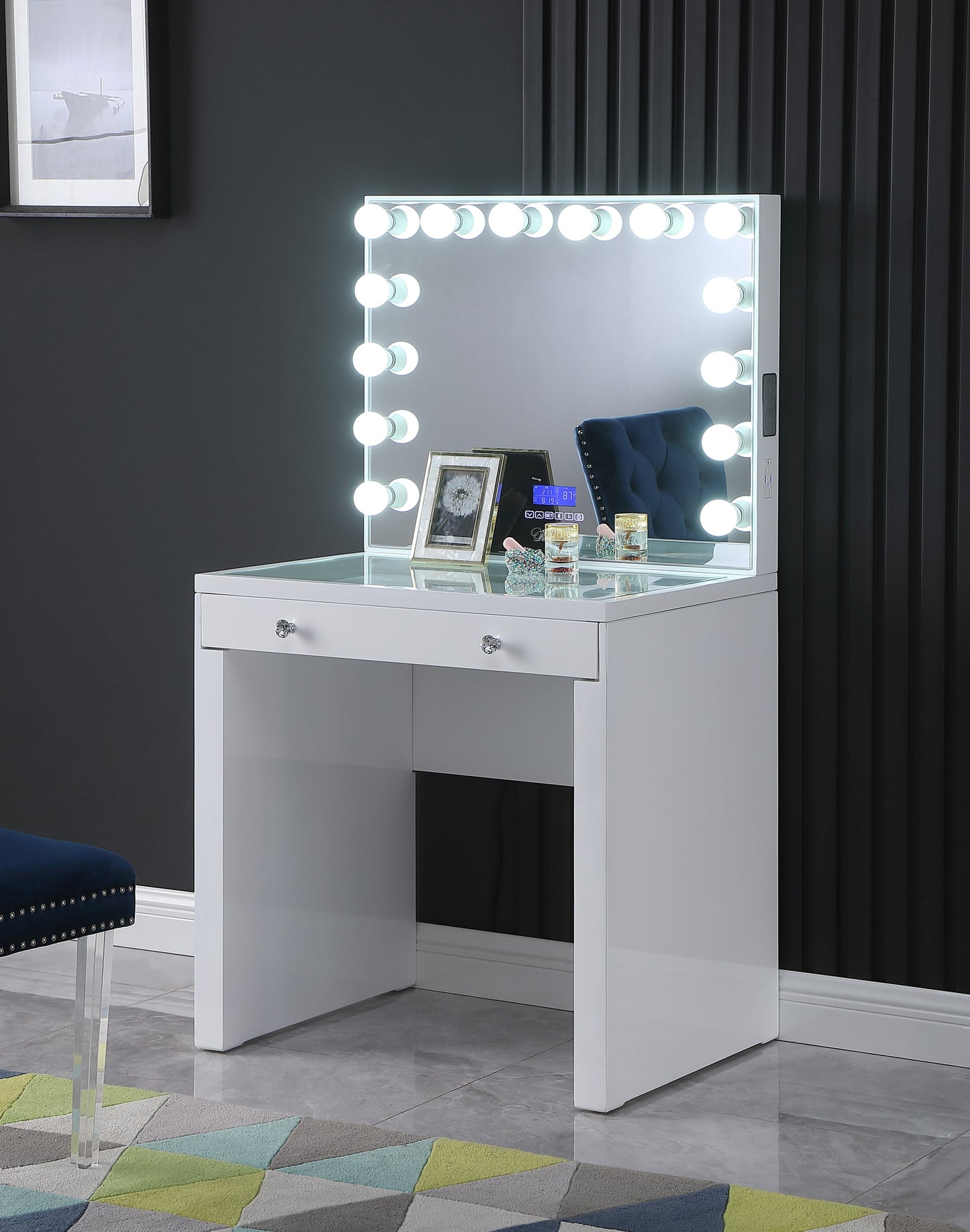 White Vanity Desk W/ Bluetooth Hollywood Mirror