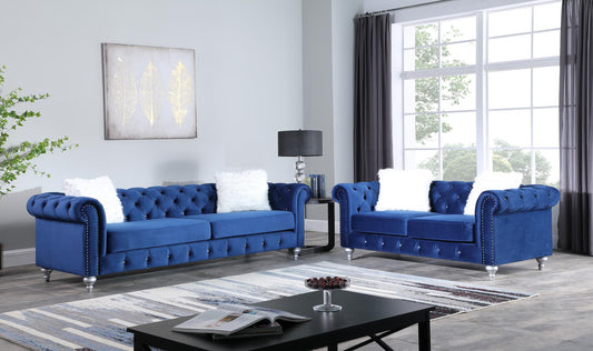 Aya 2PC Blue Velvet Sofa & Loveseat