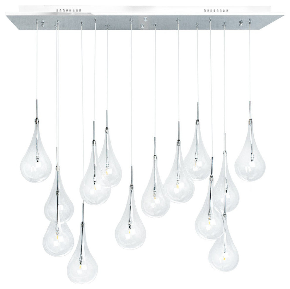 Light Clear Glass Globes Chandelier // Rectangular Chrome Canopy, 14 Lights